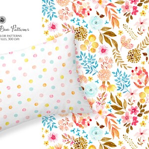 Könnte beinhalten: Zwei Aquarellmuster, eines mit einem floralen Design und das andere mit pastellfarbenen Punkten. Das Blumenmuster zeigt blaue, gelbe, rosa und orangefarbene Blumen und Blätter auf weißem Hintergrund. Das Punkte-Muster zeigt pastellfarbene rosa, blaue und gelbe Punkte auf weißem Hintergrund. Der Text "Sunshine Duo Patterns" ist oben im Bild sichtbar.