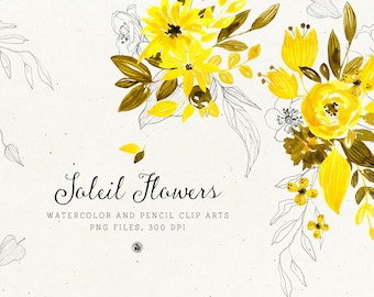 40 Soleil watercolor flowers, floral elements watercolor, pencil hand painted clipart, digital bouquets watercolor flowers clipart set