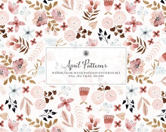 5 watercolor hand painted floral digital patterns set, digital patterns, flowers fabrics, watercolor seamless patterns - April Patterns