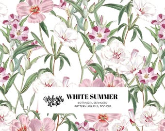 Botanical Seamless Pattern, Vintage Floral Digital Paper, White Green Pink Wildflower Design, Cottagecore Surface Pattern, Scrapbook Paper