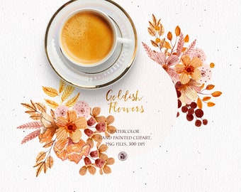 28 watercolor hand painted clipart, floral clipart, digital flowers for cards, invitation, botanical clipart, painted Goldish Flowers