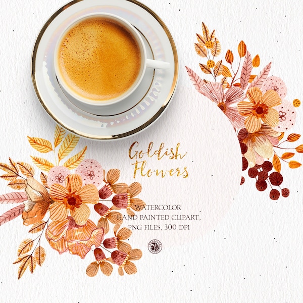 28 watercolor hand painted clipart, floral clipart, digital flowers for cards, invitation, botanical clipart, painted Goldish Flowers