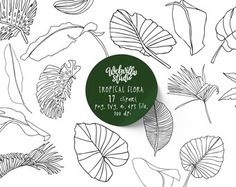 Tropical Leaves Clipart, Hand-Drawn Flora, PNG SVG EPS (Instant Download)