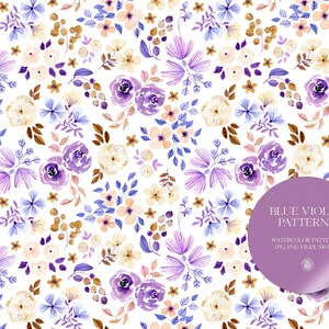 5 handgemalte florale digitale Aquarell Muster, digitale Muster, Blumenstoffe, Aquarell nahtlose Muster - Blau Violette Muster