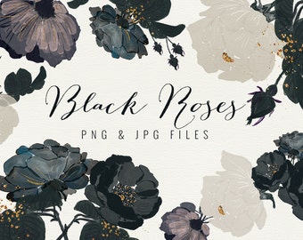 6 black roses clipart, digital illustrations, dark digital roses arrangement, botanical floral clipart - Black Roses