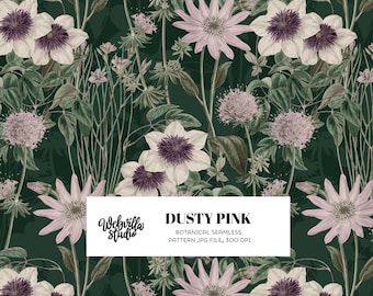 Dusty Pink Botanical Seamless Pattern, Dark Green Floral Digital Paper, Clematis Wildflower Design, Vintage Surface Pattern, Scrapbook Paper