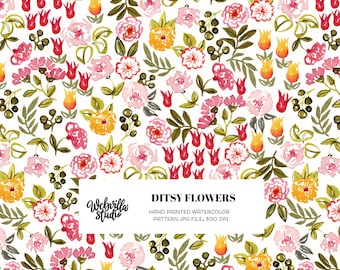 Ditsy Floral Watercolor Seamless Pattern, Hand Painted Flower Design For Sewing Moms, Tulip Peony Print For Kids Clothing, Botanical Fabric