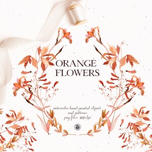 15 clipart watercolor floral set, 3 digital patterns, digital frames, wedding clipart, digital wreath, watercolor patterns - Orange Flowers