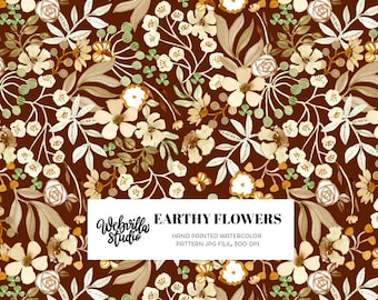 Earthy Floral Seamless Pattern, Watercolor Botanical Digital Paper, Brown Boho Wildflower Surface Design, Rustic Scrapbook Background