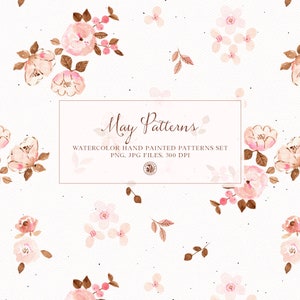 5 motifs numériques floraux aquarelles peints à la main, ensemble de motifs numériques, tissus fleurs, fleurs, motifs aquarelles sans couture - motifs mai