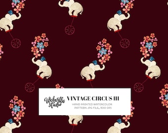 Hand Painted Maroon Elephant Circus Nursery Fabric, Design Wallpaper, Vintage Watercolor Animal Kids Room Decor, Whimsical Baby Shower Art