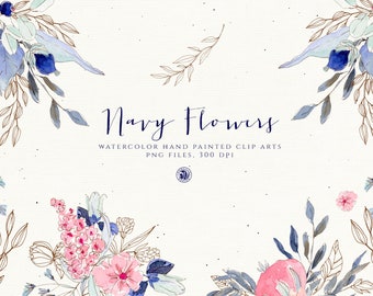 40 flowers watercolor hand painted clipart, hand painted floral arrangement clipart, watercolor digital set - Navy Watercolor Flowers