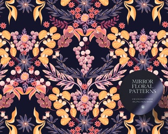 Mirror Floral Patterns, 4 hand drawn digital patterns, flowers, floral background, wallpaper, papers, pattern fills, surface textures