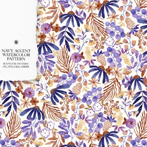 Watercolor Floral Pattern: Navy Accent Seamless Design (Commercial License)
