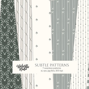 May include: A collection of seven seamless digital patterns in shades of dark green, grey, and white. Designs include vertical vines, white swirls on dark green, thin lines, small flowers, grey ribbons, dotted lines, and a dark green and white buffalo check.
