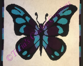Colorful Butterfly Crochet Afghan - Blue and Purple - Great Housewarming Gift for Spring