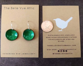 Domed farthing earrings - Green enamel