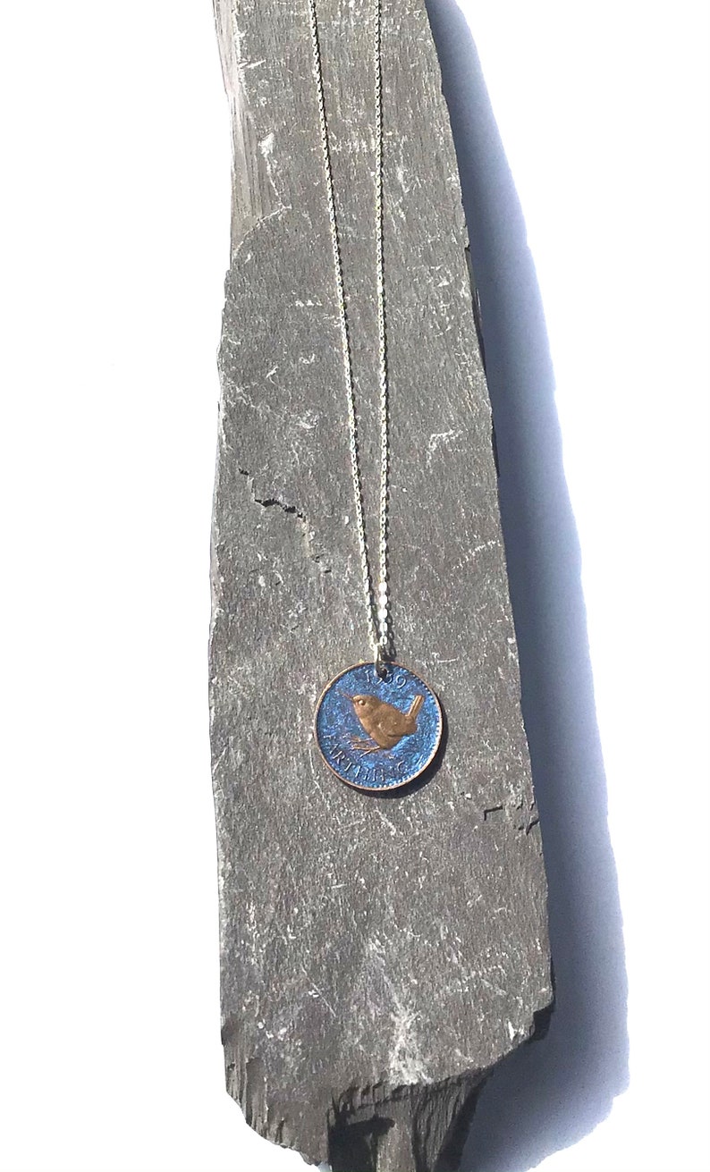 Wren farthing pendant on sterling silver chain image 4