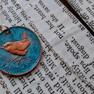 Wren farthing pendant on sterling silver chain image 1