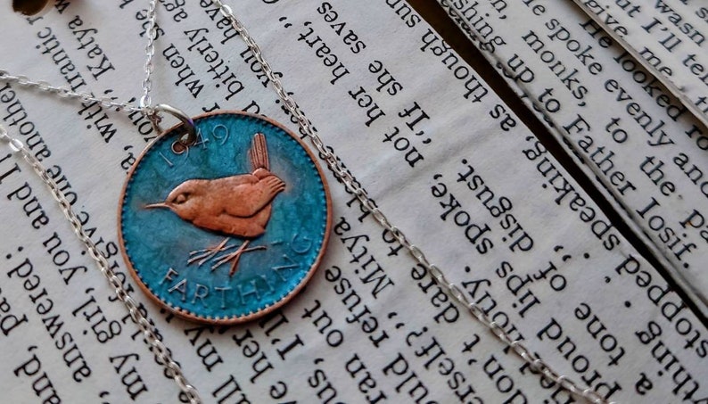 Wren farthing pendant on sterling silver chain image 1