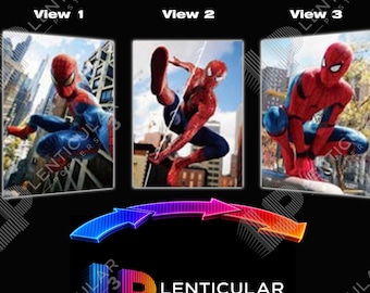 May include: A lenticular poster featuring three distinct views of Spider-Man in a red and blue suit against a city backdrop. The images show the character in different action poses. Below the images, the text reads LENTICULAR POSTERS 3D.