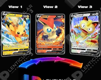 May include: Three Pokémon V trading cards labeled View 1, View 2, and View 3. The cards feature Pikachu, Victini, and Meowth with their respective HP and attack stats. Below the cards, a blue-to-red arrow arc sits above the Lenticular Posters 3D logo.