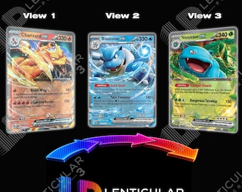 May include: Three trading cards labeled View 1, View 2, and View 3 featuring Charizard ex, Blastoise ex, and Venusaur ex. Below the cards is a curved arrow graphic and the text LENTICULAR POSTERS 3D. The background is black with a repeating watermark.