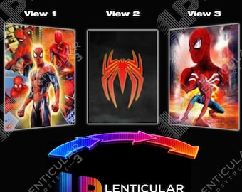 May include: A lenticular poster featuring three distinct views of Spider-Man. View 1 shows multiple Spider-Man figures in action. View 2 displays a large red spider emblem on a dark background. View 3 depicts a single Spider-Man in a dynamic pose.