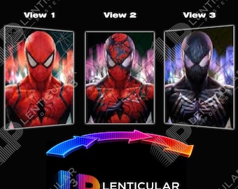 May include: A lenticular poster featuring three distinct views of a superhero character. View 1 shows a red and blue suit, View 2 displays a red and black suit with web patterns, and View 3 depicts a black suit. The text LENTICULAR POSTERS 3D is below.