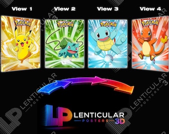 May include: A lenticular poster featuring four distinct views of Pokémon characters: Pikachu on a yellow background, Bulbasaur on a green background, Squirtle on a blue background, and Charmander on a red background. Each view includes the Pokémon logo.