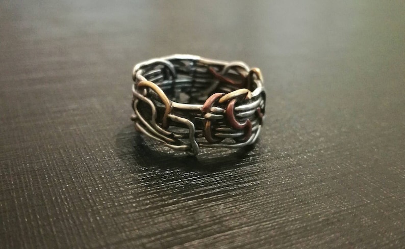 red brass and copper Tangled wire ring made of sterling silver