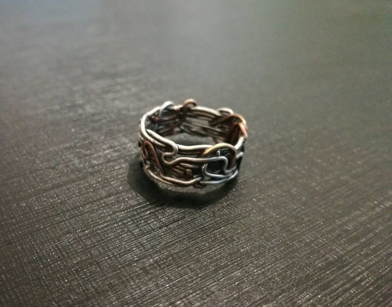 red brass and copper Tangled wire ring made of sterling silver