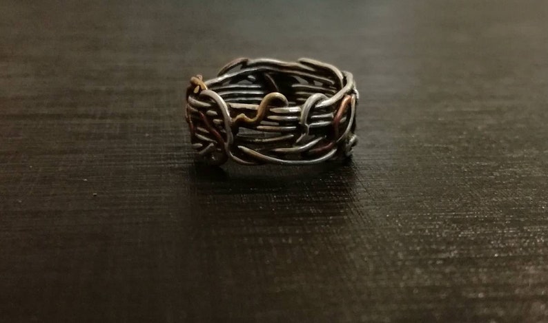 red brass and copper Tangled wire ring made of sterling silver