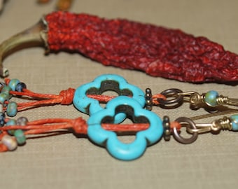 Handmade Turquoise Howlite Dangle Earrings: Orange Linen & Czech Glass