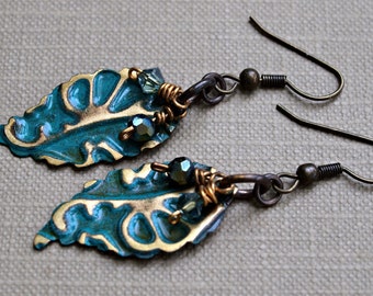 Handmade dangle earrings, Embossed Vintaj brass leaf charms, Verdigris patina