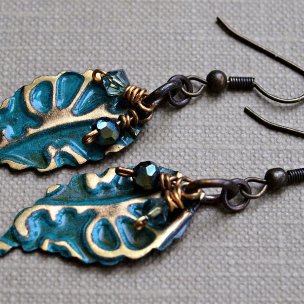 Handmade dangle earrings, Embossed Vintaj brass leaf charms, Verdigris patina