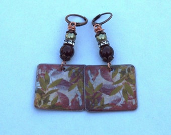 Artisan Enamel Dangle Earrings: Burgundy, Green, Copper