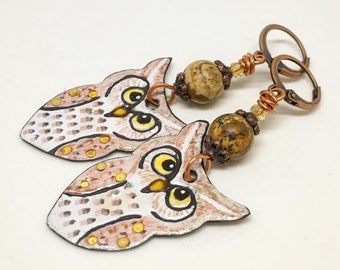 Artisan Enamel Owl Earrings, Dangle Earrings, Earth tone Earrings, Handmade Earrings, Boho Earrings, Whimsical Earrings, HavanaBeads