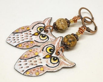Artisan Enamel Owl Dangle Earrings: Picture Jasper, Copper