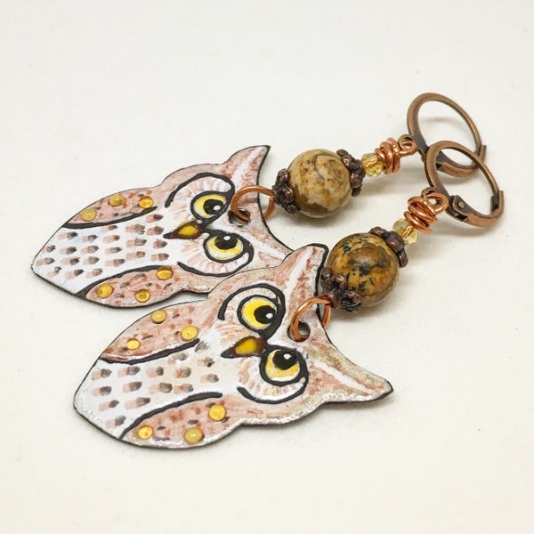 Artisan Enamel Owl Earrings, Dangle Earrings, Earth tone Earrings, Handmade Earrings, Boho Earrings, Whimsical Earrings, HavanaBeads