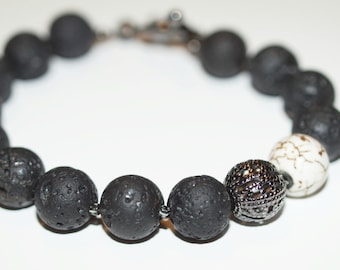 Handmade Bracelet with Lava Stone, Magnesite, seed Beads, Gunmetal Grey Components