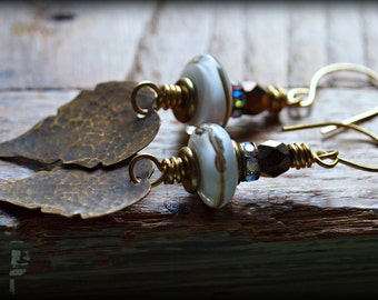 Handmade Dangle Earring, Textured Brass, Artisan Lampwork Beads, Earthy Colors