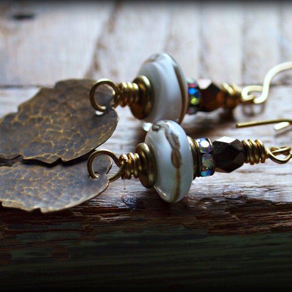 Handmade Dangle Earring, Textured Brass, Artisan Lampwork Beads, Earthy Colors