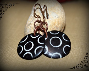Handmade bohemian style black carved bone drop dangle earrings with copper and brass