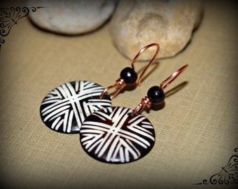 Handmade bohemian style black carved bone drop dangle earrings with handmade copper ear wires