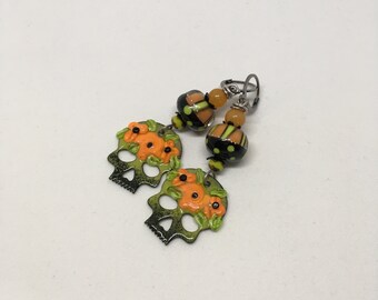 Sugar Skull Dangle Earrings: Enamel Charms, Lampwork Beads