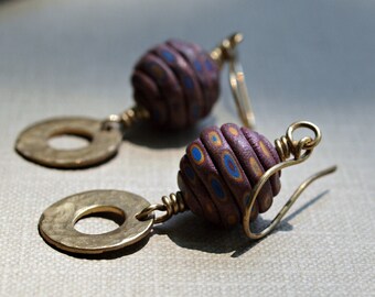 Handmade dangle earrings, Wire wrapped Artisan polymer clay beads, Hammered brass washers