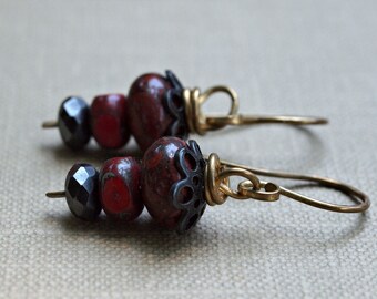 Handmade dangle earrings, Bracciated Jasper, Czech glass, Brass wire