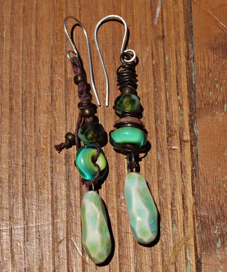 Handmade Earrings Dangle Earrings Greens and Blue Tones Etsy