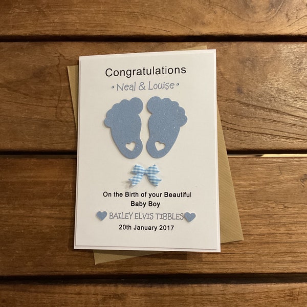 Handmade personalised new baby boy card- personalised with parents names and baby name , date of birth.